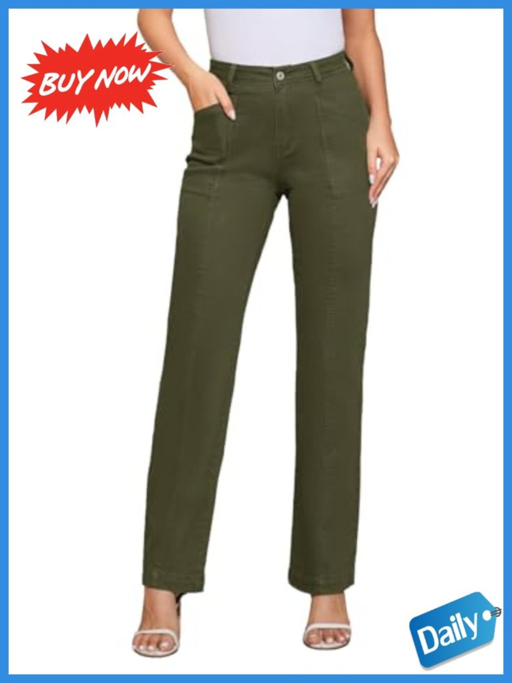 Women's Stretchy Chino Cargo Pants High Waisted Straight Leg Cotton Trousers